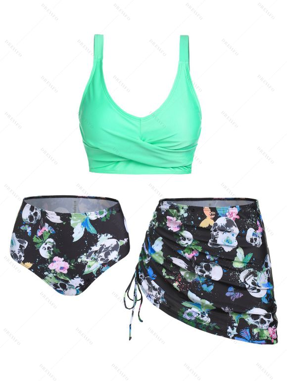 Maillot de Bain Tankini Matelassé à Imprimé Fleur Papillon Crâne Trois Pièces de Plage - Bleu S