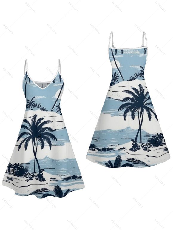 Mini Robe Hawaïen de Vacances à Bretelle Fine Palmier Imprimé - Bleu clair XXXL | US 16