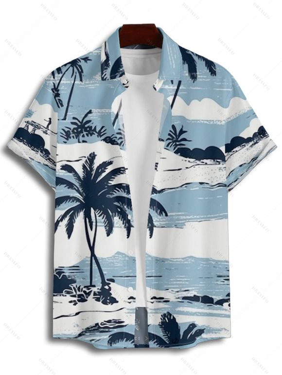 Chemise de Vacances de Plage Palmier Imprimé à Manches Courtes - Bleu clair 2XL
