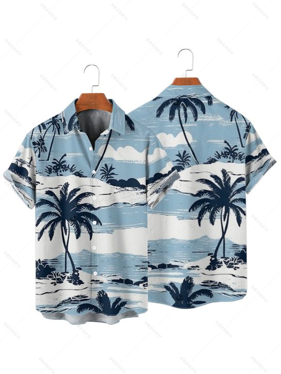 Chemise de Vacances de Plage Palmier Imprimé à Manches Courtes - Bleu clair 2XL