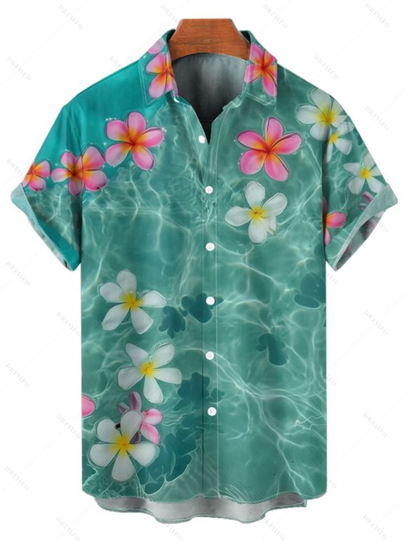 Chemise de Vacances Fleur D'Eau Imprimée Boutonnée à Manches Courtes - Vert profond 5XL