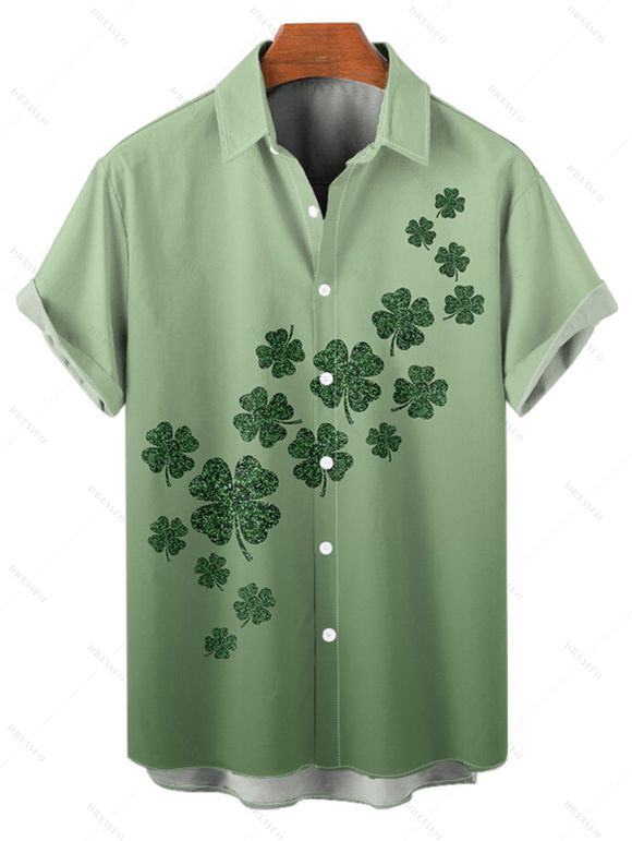 Chemise Boutonnée Ombrée Trèfle Imprimé à Manches Courtes - Vert clair 5XL