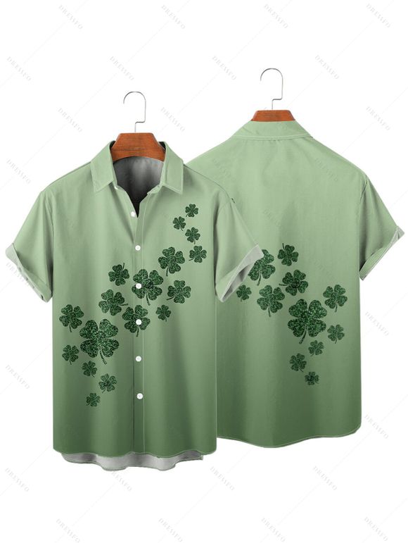 Chemise Boutonnée Ombrée Trèfle Imprimé à Manches Courtes - Vert clair S