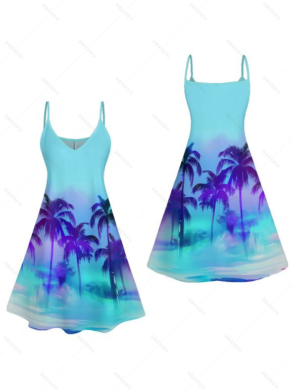 Mini Robe de Vacances Ombre Palmier Imprimé à Bretelle Fine - Vert clair XL | US 12