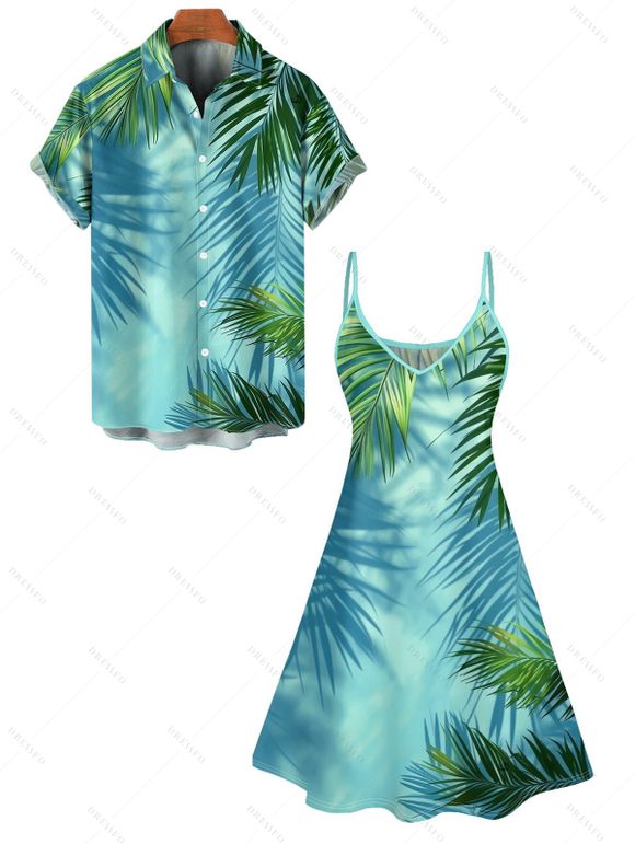 Hawaii Vacation Tropical Palm Leaf Print V Neck Spaghetti Strap Dress And Short Sleeve Shirt Matching Outfit - Vert clair S | US 4