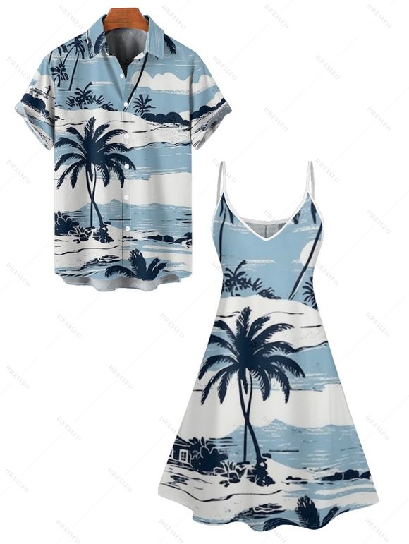 Beach Palm Tree Print Hawaii Vacation Spaghetti Strap Mini Dress And Short Sleeve Shirt Matching Outfit - Bleu clair S | US 4