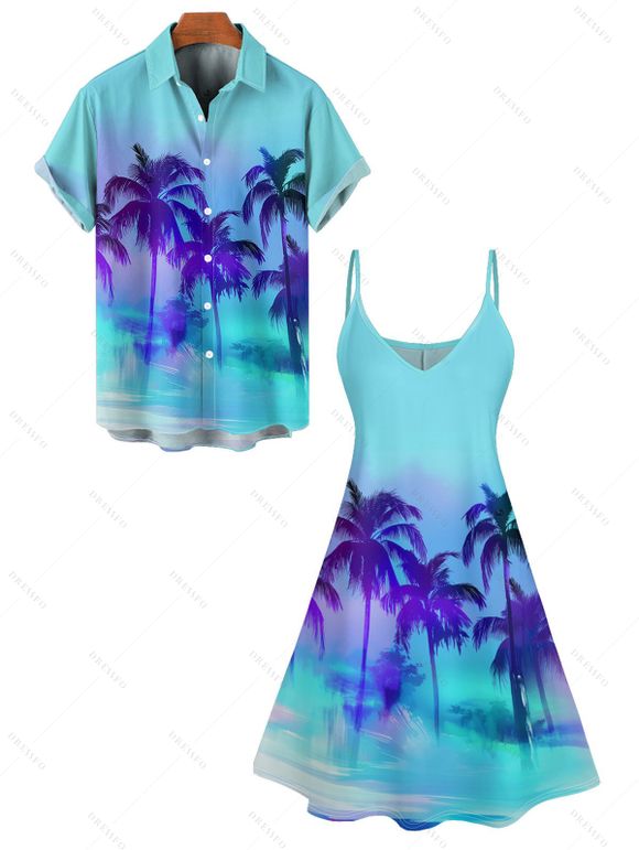 Omber Palm Tree Print Hawaii Vacation Spaghetti Strap V Neck Mini Dress And Short Sleeve Shirt Matching Outfit - Vert clair S | US 4