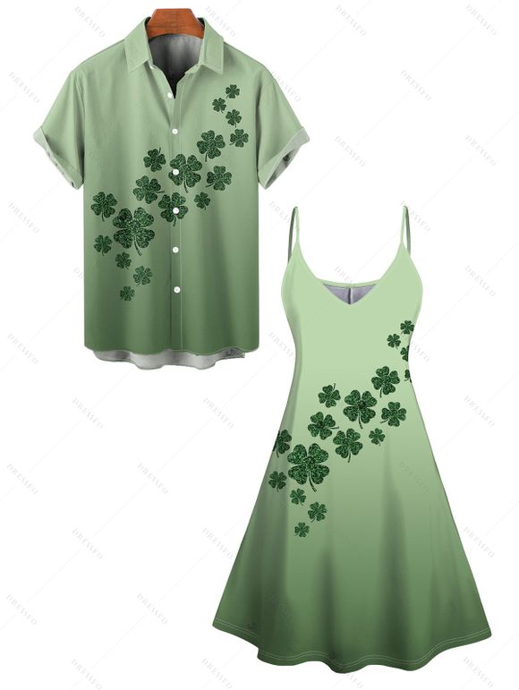 Ombre Lucky Clover Print St. Patrick's Day Mini Dress And Short Sleeve Shirt Matching Outfit - Vert clair S | US 4