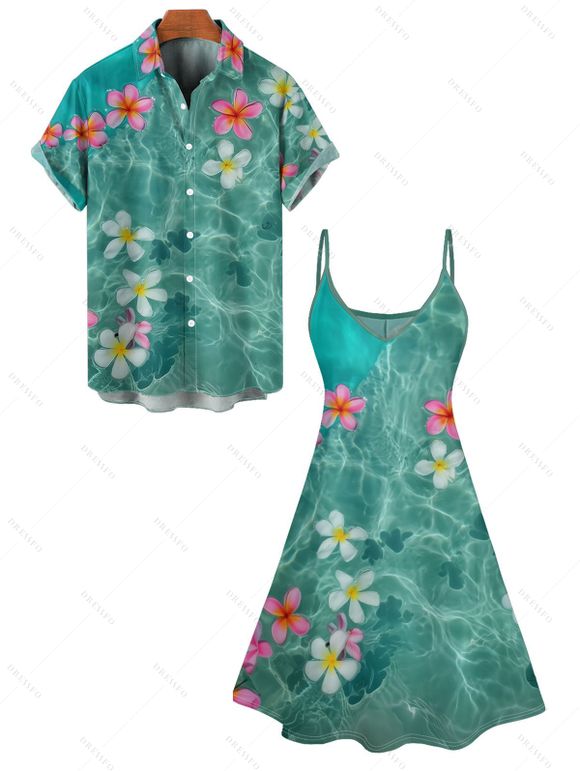 Flower Water Print V Neck Vacation Mini Dress And Short Sleeve Shirt Vacation Matching Outfit - Vert clair S | US 4