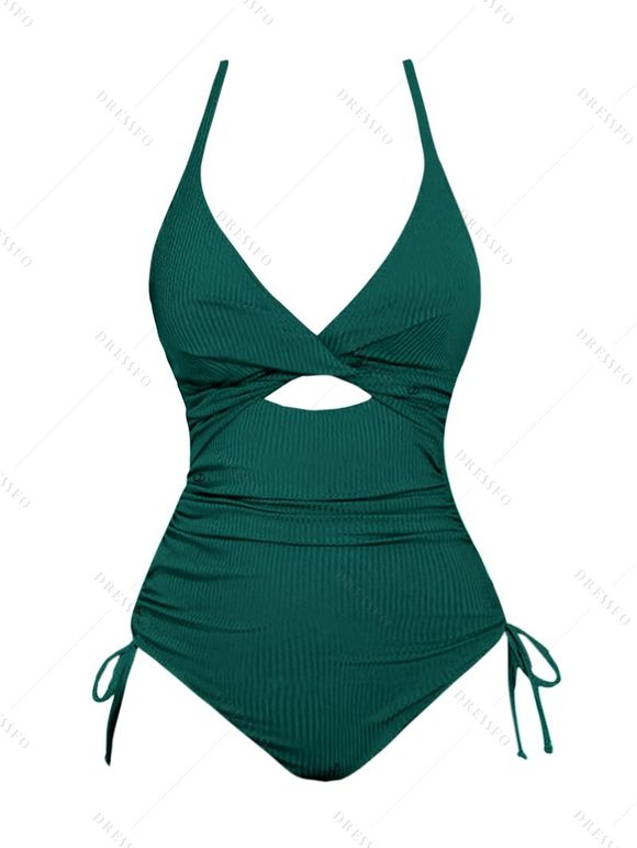 Maillot de Bain Découpé Côtelé Sanglé avec Nœud Papillon Une-Pièce - Vert profond XL | US 10