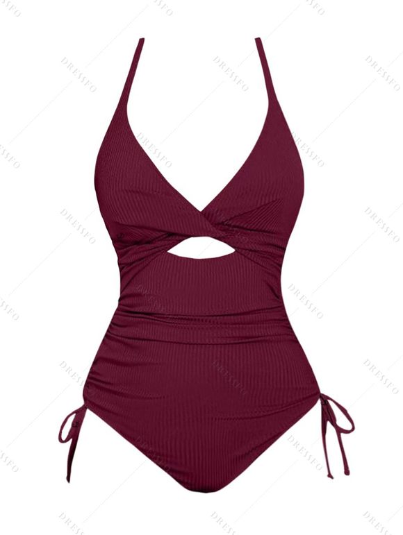 Maillot de Bain Découpé Côtelé Sanglé avec Nœud Papillon Une-Pièce - Rouge foncé XL | US 10