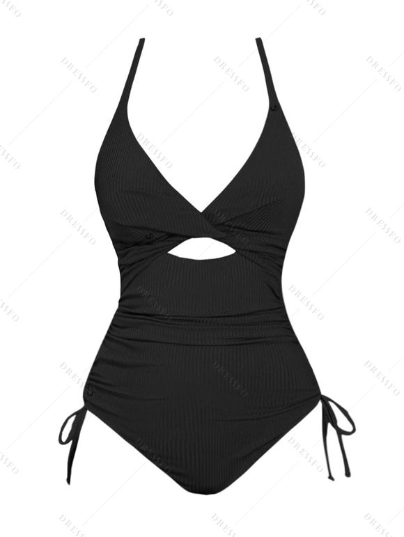 Maillot de Bain Découpé Côtelé Sanglé avec Nœud Papillon Une-Pièce - Noir XL | US 10