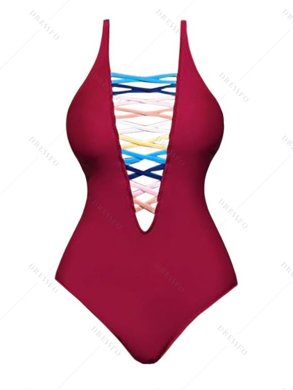 Maillot de Bain Coloré en Treillis à Col V Plongeant Une-Pièce - Rouge foncé S | US 4