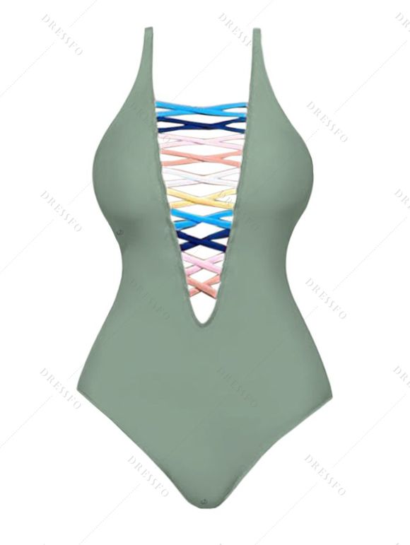 Maillot de Bain Coloré en Treillis à Col V Plongeant Une-Pièce - Vert clair XL | US 10