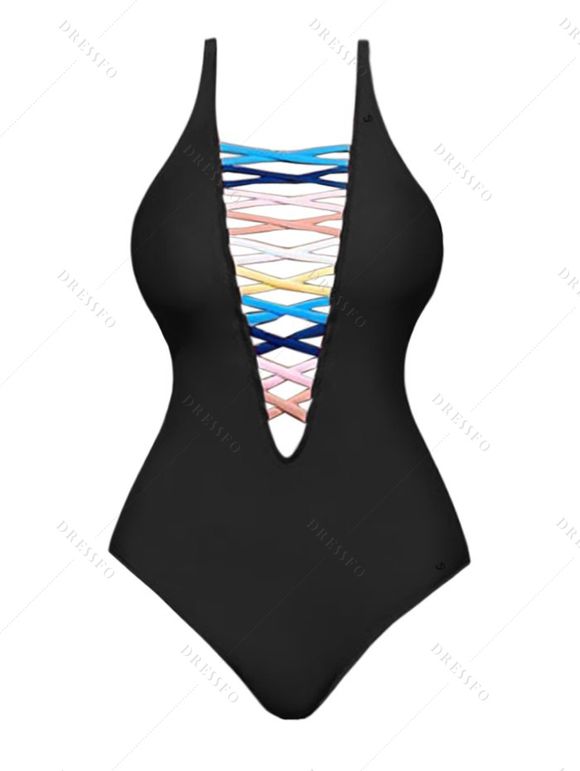 Maillot de Bain Coloré en Treillis à Col V Plongeant Une-Pièce - Noir XL | US 10