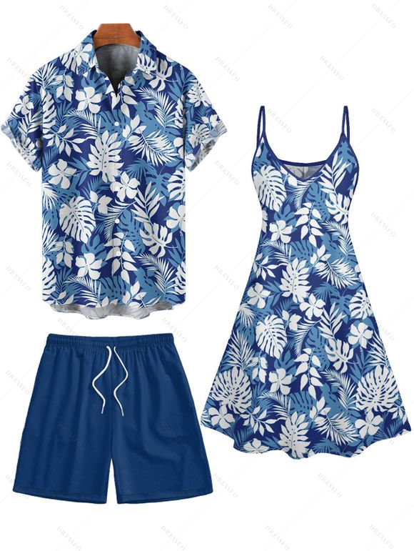 Vacation Tropical Leaf Allover Print A Line Mini Dress And Short Sleeve Shirt Beach Shorts Outfit - Bleu Ciel S | US 4