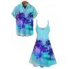 Ombre Palm Tree Print Hawaii Vacation Spaghetti Strap V Neck Mini Dress And Short Sleeve Shirt Matching Outfit - Vert clair S | US 4