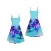 Ombre Palm Tree Print Hawaii Vacation Spaghetti Strap V Neck Mini Dress And Short Sleeve Shirt Matching Outfit - Vert clair S | US 4