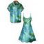 Hawaii Vacation Tropical Palm Leaf Print V Neck Spaghetti Strap Dress And Short Sleeve Shirt Matching Outfit - Vert clair S | US 4