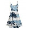 Beach Palm Tree Print Hawaii Vacation Spaghetti Strap Mini Dress And Short Sleeve Shirt Matching Outfit - Bleu clair S | US 4