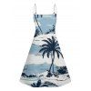 Beach Palm Tree Print Hawaii Vacation Spaghetti Strap Mini Dress And Short Sleeve Shirt Matching Outfit - Bleu clair S | US 4