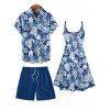 Vacation Tropical Leaf Allover Print A Line Mini Dress And Short Sleeve Shirt Beach Shorts Outfit - Bleu Ciel S | US 4