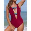 Maillot de Bain Coloré en Treillis à Col V Plongeant Une-Pièce - Rouge foncé S | US 4