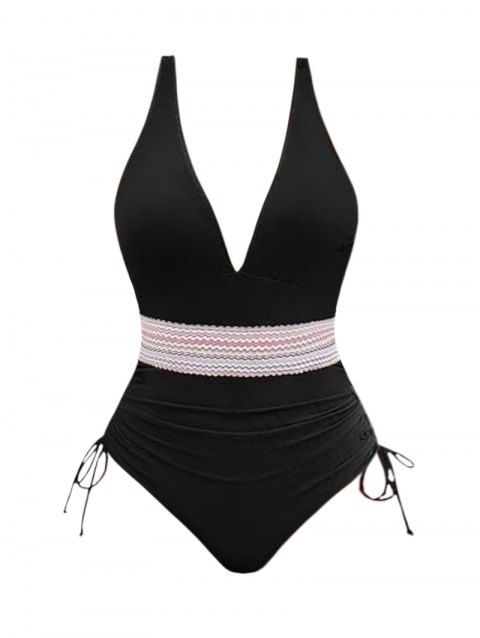 Maillot de Bain Zigzag Imprimé en Couleur Contrastée à Col Plongeant Une-Pièce