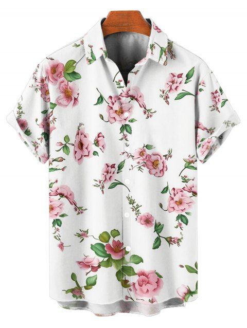 Chemise de Vacances Fleur Imprimée Boutonnée à Manches Courtes