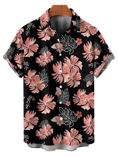 Tropical Flower Leaf Print Hawaii Vacation Short Sleeve Shirt