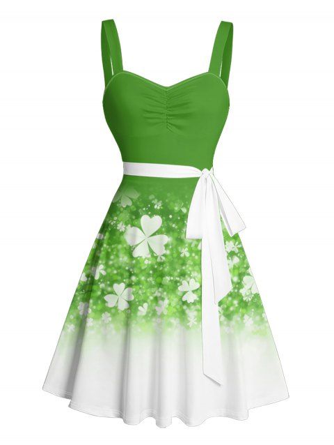 St. Patrick's Day Lucky Clover Print Belted Dress Ruched Bust Sweetheart Neck Mini Dress