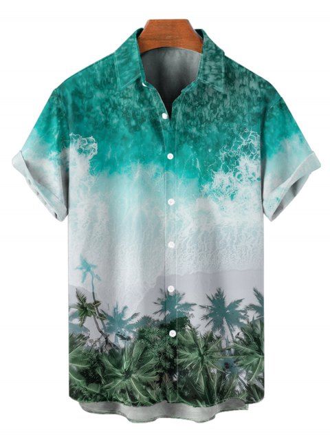 Beach Pale Tree Print Short Sleeve Button Up Vacation Shirt