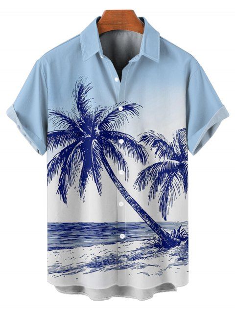 Hawaii Vacation Beach Palm Tree Print Short Sleeve Button Up Shirt