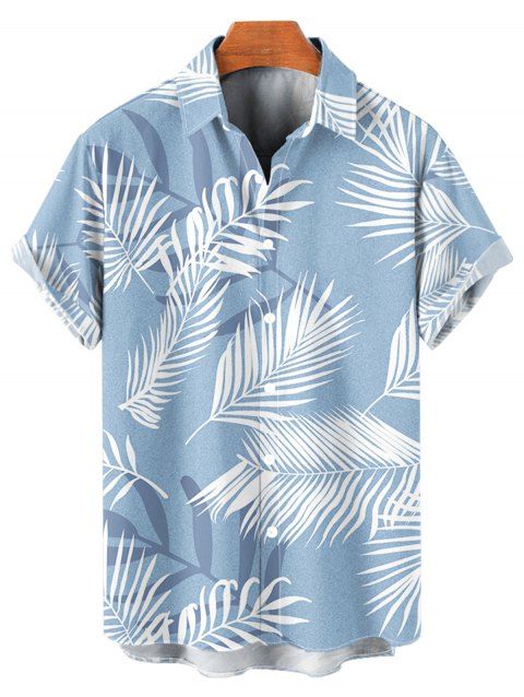 Hawaii Tropical Leaf Print Short Sleeve Vacation Button Up Shirt