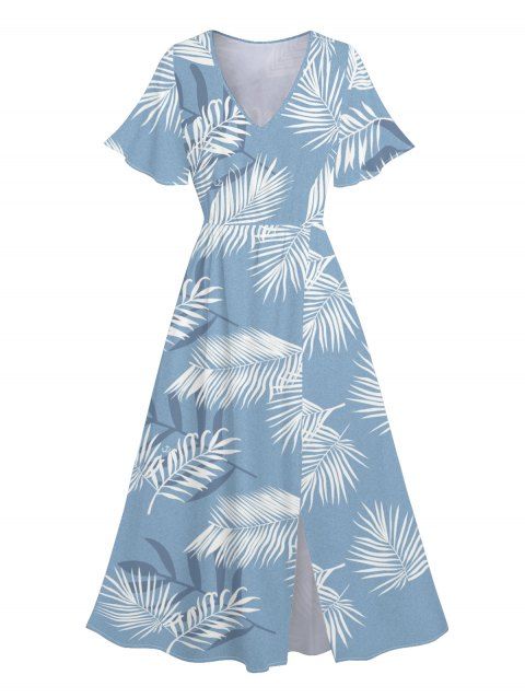 Robe Mi-Longue de Vacances Hawaïen Feuille Tropicale Imprimée Manches Bouffantes à Col V