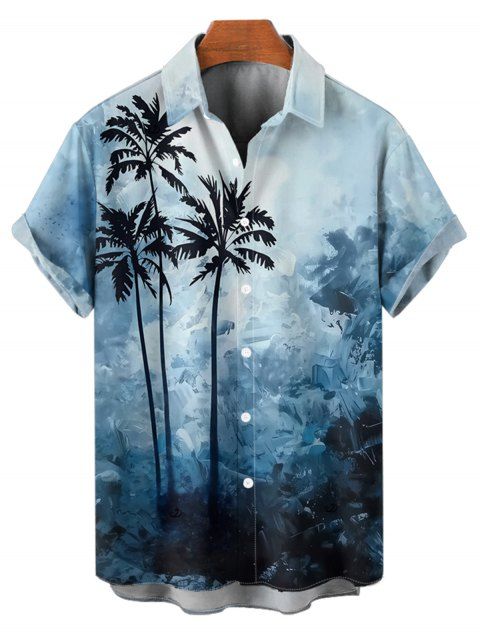Tie Dye Palm Tree Print Short Sleeve Hawaii Vacation Button Up Shirt