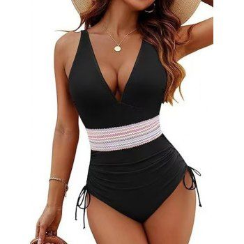 Zigzag Print Contrast Color Plunging Neck Cinched One-piece Swimsuit 