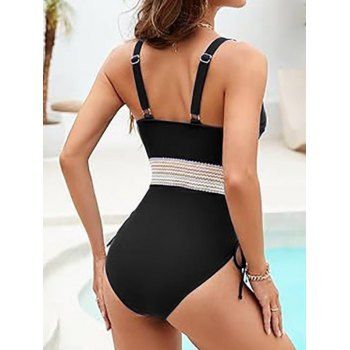 Zigzag Print Contrast Color Plunging Neck Cinched One-piece Swimsuit 