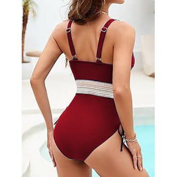 Zigzag Print Contrast Color Plunging Neck Cinched One-piece Swimsuit 