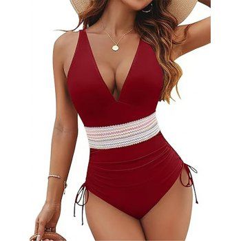 Zigzag Print Contrast Color Plunging Neck Cinched One-piece Swimsuit 
