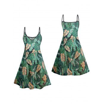 Allover Tropical Leaf Print Mini Vacation Dress And Short Sleeve Shirt Matching Outfit