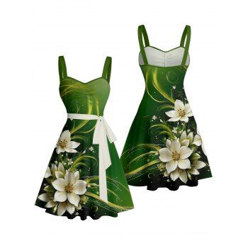 Flower Print Ruched Bust Belted Mini St. Patrick`s Day Dress 