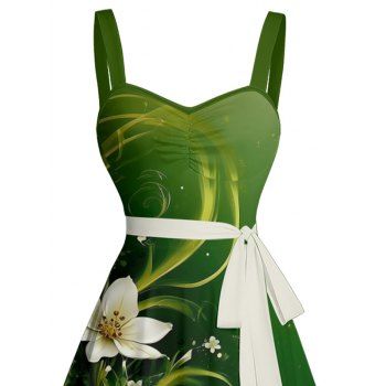 Flower Print Ruched Bust Belted Mini St. Patrick`s Day Dress 