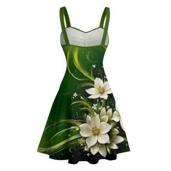 Flower Print Ruched Bust Belted Mini St. Patrick`s Day Dress 