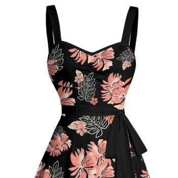 Tropical Flower Leaf Print Hawaii Vacation Belted Ruched Bust Mini Dress 