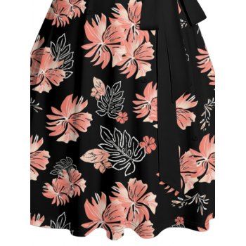 Tropical Flower Leaf Print Hawaii Vacation Belted Ruched Bust Mini Dress 