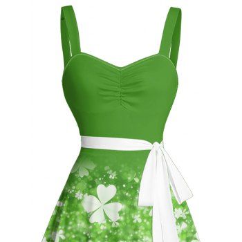St. Patrick`s Day Lucky Clover Print Belted Dress Ruched Bust Sweetheart Neck Mini Dress 