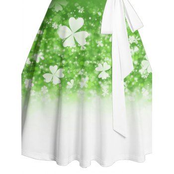 St. Patrick`s Day Lucky Clover Print Belted Dress Ruched Bust Sweetheart Neck Mini Dress 