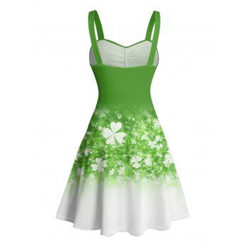 St. Patrick`s Day Lucky Clover Print Belted Dress Ruched Bust Sweetheart Neck Mini Dress 