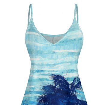 Tie Dye Coconut Tree Print Vacation Dress V Neck Spaghetti Strap Mini Dress